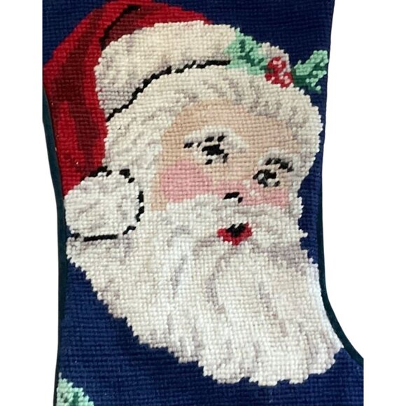 Vintage Needlepoint Santa Claus Christmas Stocking With Velvet Back 17"L Holiday - Picture 2 of 3